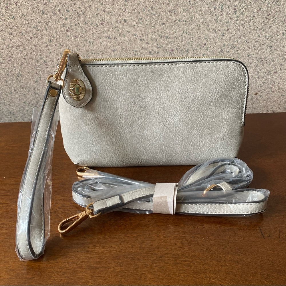 NEW Womens Small Crossbody Bag Gray Beige Wristlet Clutch Faux Leather